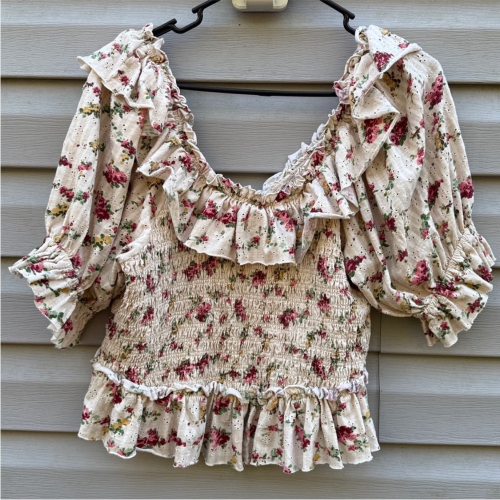 Free People Favorite Girl Top Tea Combo Cropped Ruffle Floral Top size Large - Picture 7 of 7